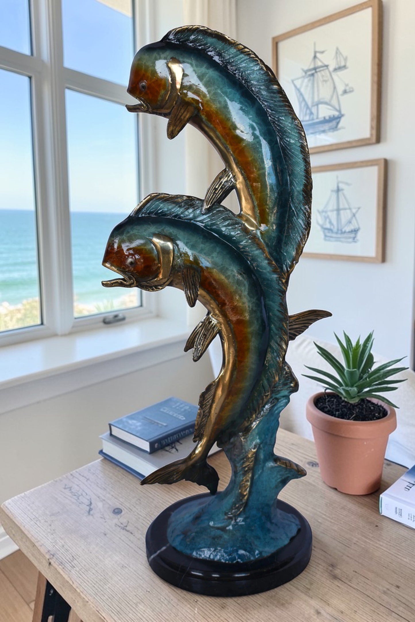 Two Dorado, Mahi Mahi Bronze Statue on Marble Base - Size: 9"L x 9"W x 22"H.