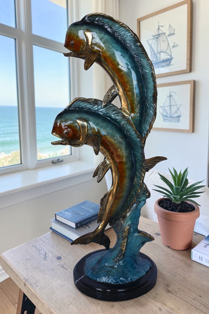 Two Dorado, Mahi Mahi Bronze Statue on Marble Base - Size: 9"L x 9"W x 22"H.