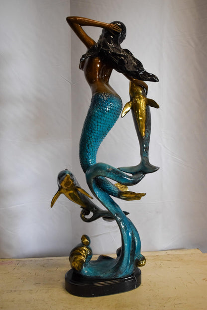 Graceful Mermaid and Two Dolphins Bronze Statue 13" x 9" x 31"H