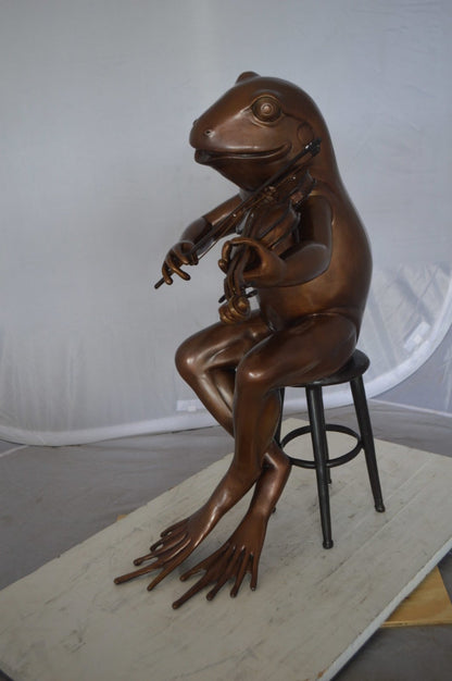 Nifao Human-Size Bronze Frog Playing Violin Statue – Whimsical Animal Musician Sculpture on Chair, Indoor/Outdoor Decor - 29" L x 18" W x 29" H