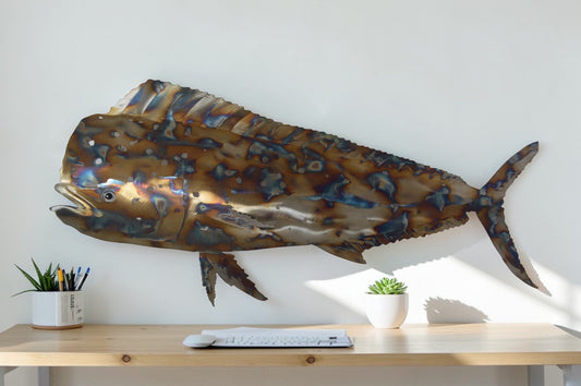 Mahi-Mahi fish laser cut steel wall mounted - Size: 26"L x 2"W x 14"H.
