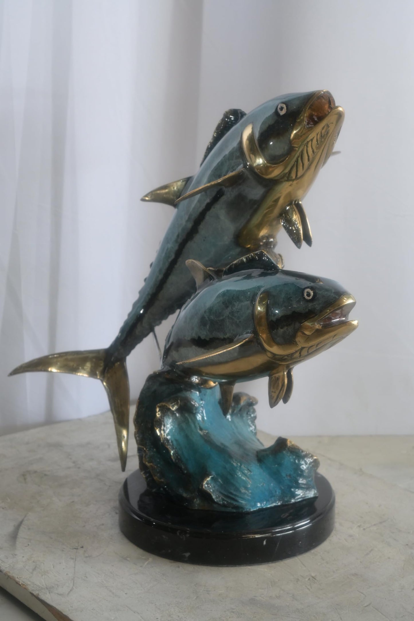 Bronze Dual Tuna Fish Sculpture on Marble Base 24"x16"x21"H