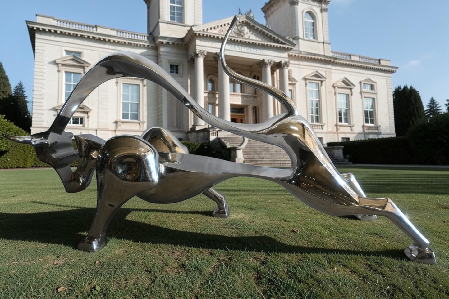 Giant Abstract Stainless Steel Charging Bull Floor Sculpture 105"x36"x58"H