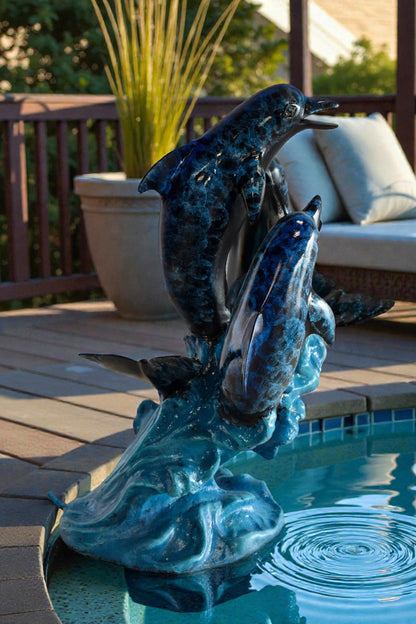 Pod of Dolphins Playfully On A Wave Resin Statue, Fountain 15" x 14" x 20"H