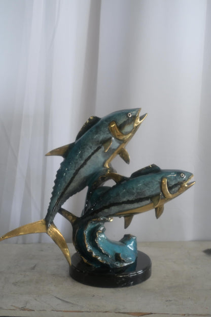 Bronze Dual Tuna Fish Sculpture on Marble Base 24"x16"x21"H