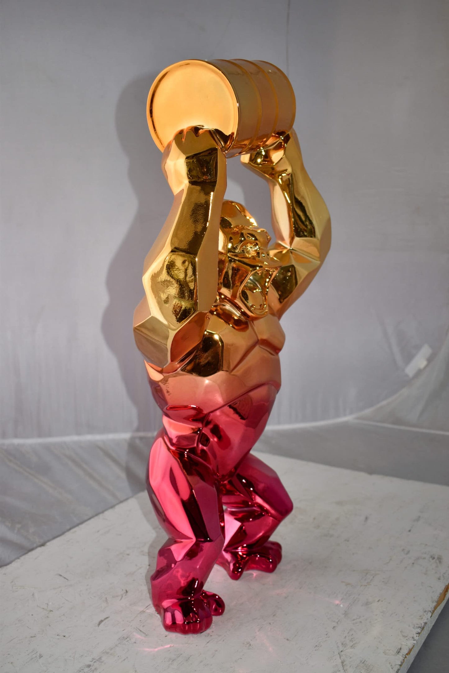 Textile Red and Gold King Kong with A Barrell Statue  Size: 14" x 7" x 24"H