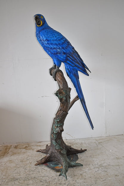 Single Hyacinth Macaw Blue Parrot on a tree Bronze Statue Size: 30" x 24" x 66"H