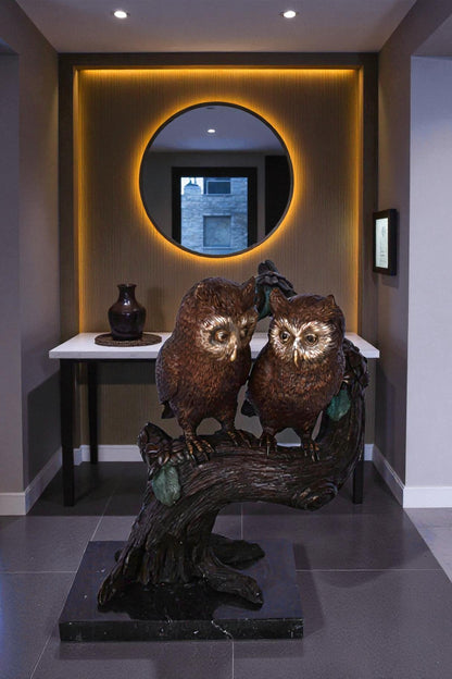 Two Owls on A Tree Trunk Bronze Statue - Size: 11"L x 11"W x 14"H.