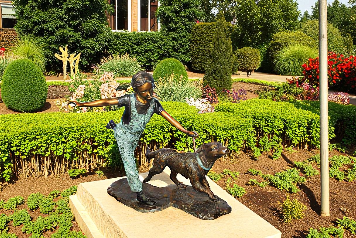 Young Girl and Her Dog Playing Bronze Statue 53" x 21" x 40"H