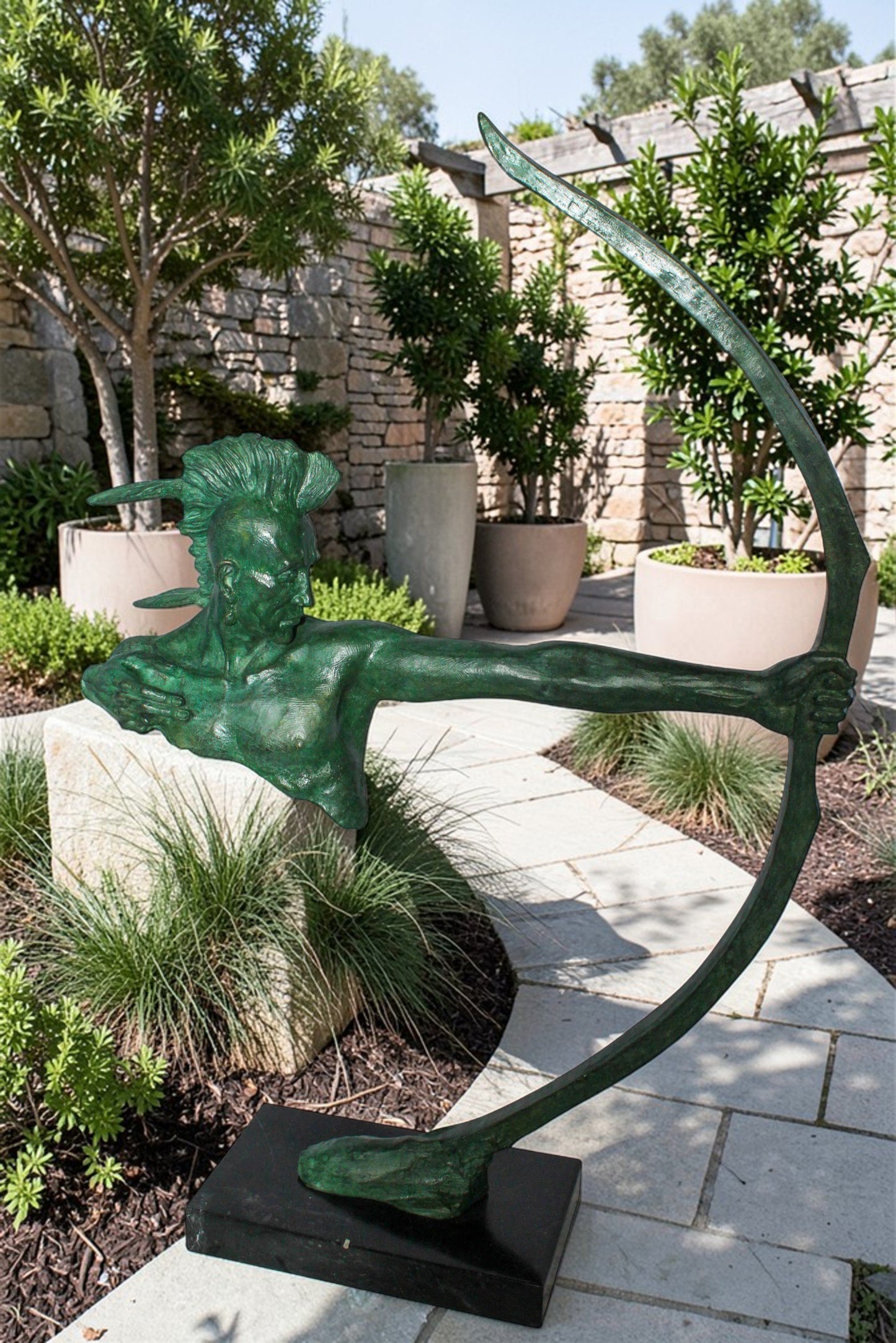 Nifao Native American Warrior with Long Bow Bronze Statue – Handcrafted Lost Wax Casting with Rich Patina – Powerful Tribal Art Sculpture Mounted on Base – Museum-Quality Detail 22" x 6" x 33"H