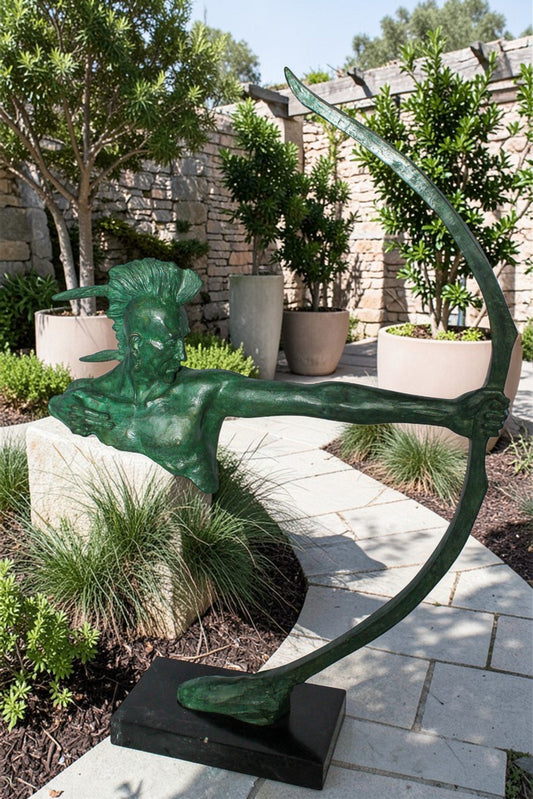 Nifao Native American Warrior with Long Bow Bronze Statue – Handcrafted Lost Wax Casting with Rich Patina – Powerful Tribal Art Sculpture Mounted on Base – Museum-Quality Detail 22" x 6" x 33"H