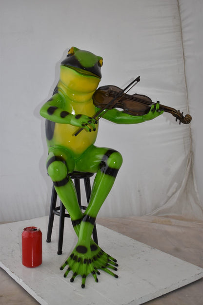 Musical Green Frog Bronze Statue - Playing Violin Sculpture - Perfect for Home or Office, 20"L x 18"W x 30"H