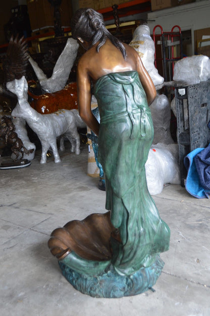 Girl Holding a Pot on Shell Fountain Bronze Statue -  Size: 33"L x 30"W x 62"H.
