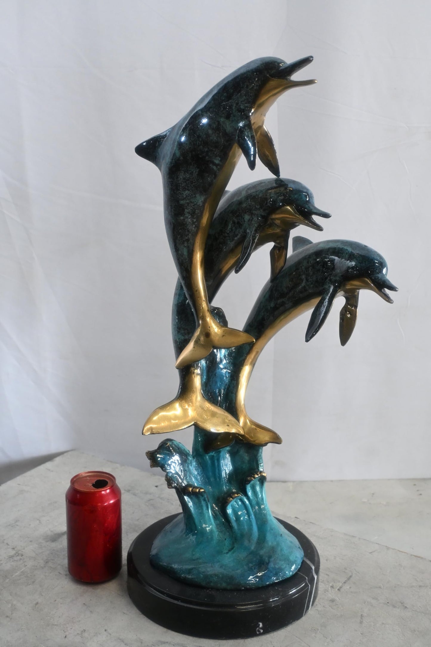 Bronze Dolphin Trio Sculpture Ocean Wave Statue 14"x11"x24"H