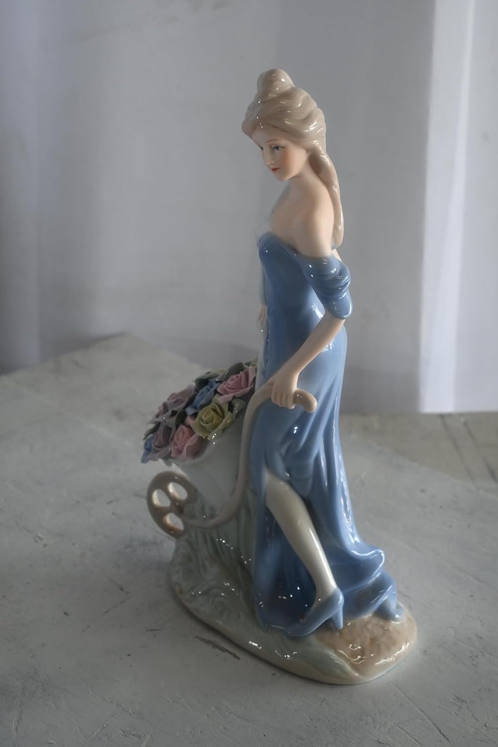 Porcelain Lady Blue Gown Pushing Rose Wheelbarrow Statue 8"x4"x14"H