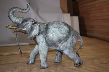 Bronze Elephant Trunk Up Statue - Hand-Cast Patina Finish - 13.5"L x 5"W x 12"H