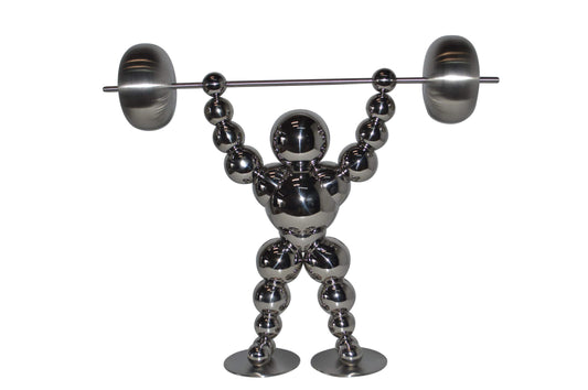 Modern Art Weightlifter Up Position Chrome Balls Statue - Size: 20"x5"x17"H