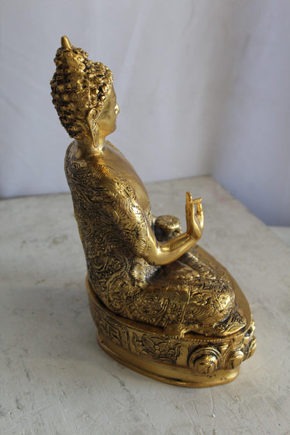 Tibetan Buddha Aluminum Sculpture in Radiant Gold Finish 10" x 7" x 14"H