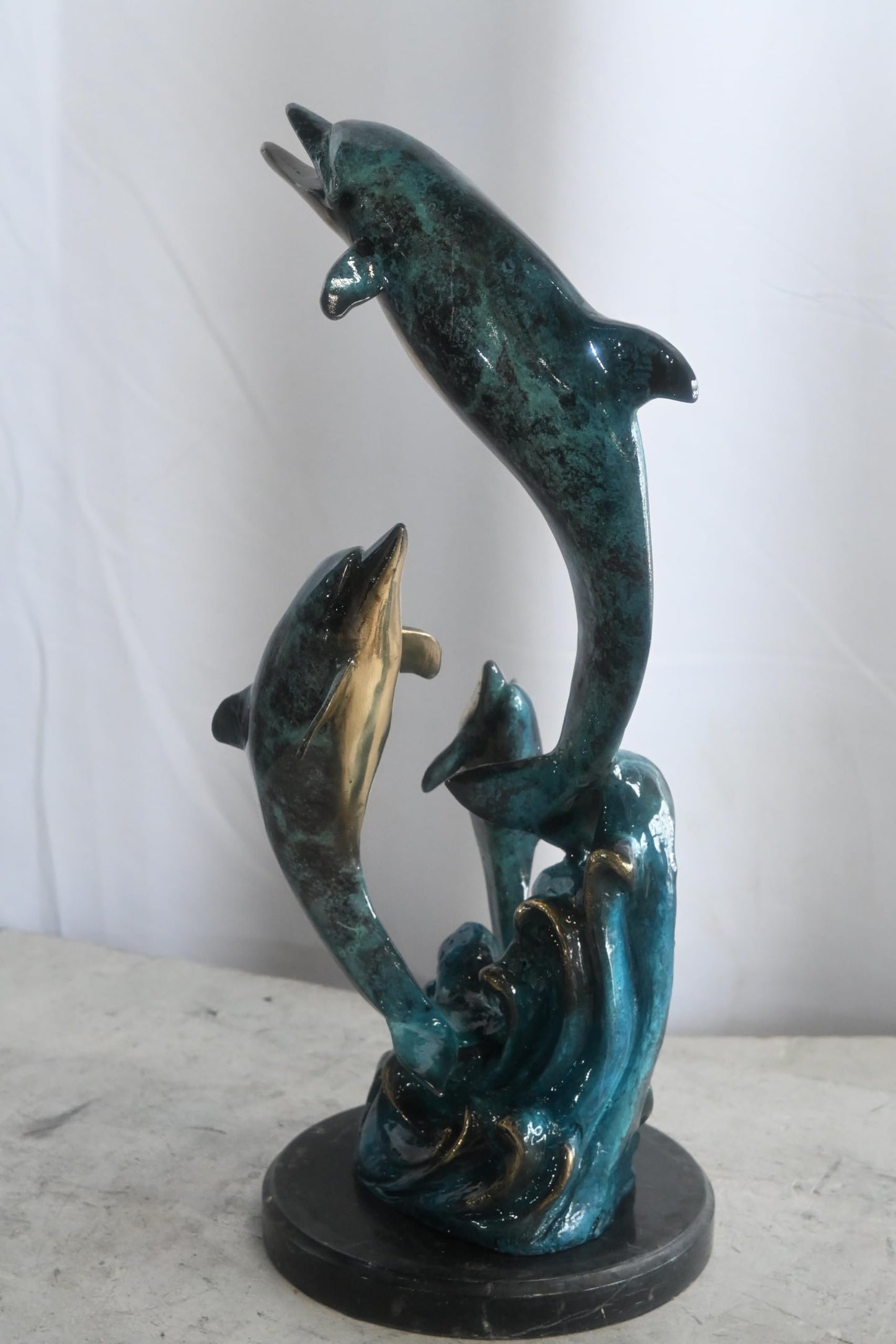 Three Leaping Dolphins on Waves Bronze Sculpture 10"x9"x19"H