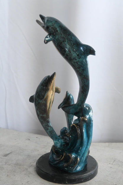Three Leaping Dolphins on Waves Bronze Sculpture 10"x9"x19"H