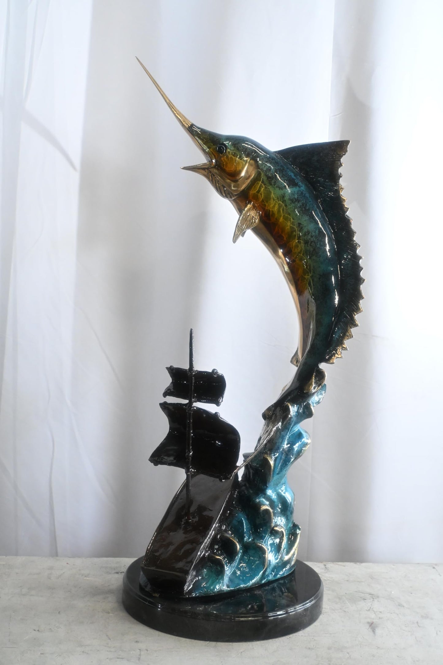 Leaping Marlin with Sailboat Bronze Sculpture 18"x18"x35"H