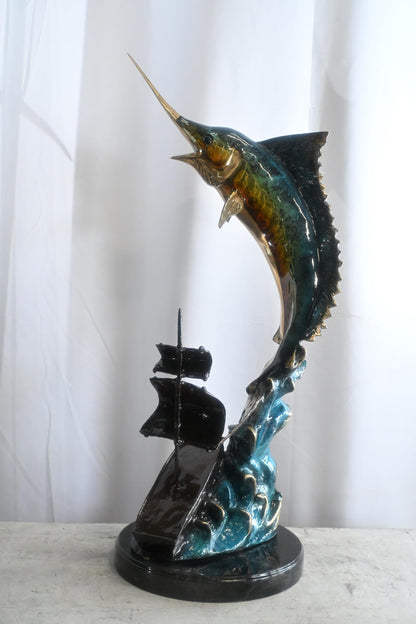 Leaping Marlin with Sailboat Bronze Sculpture 18"x18"x35"H