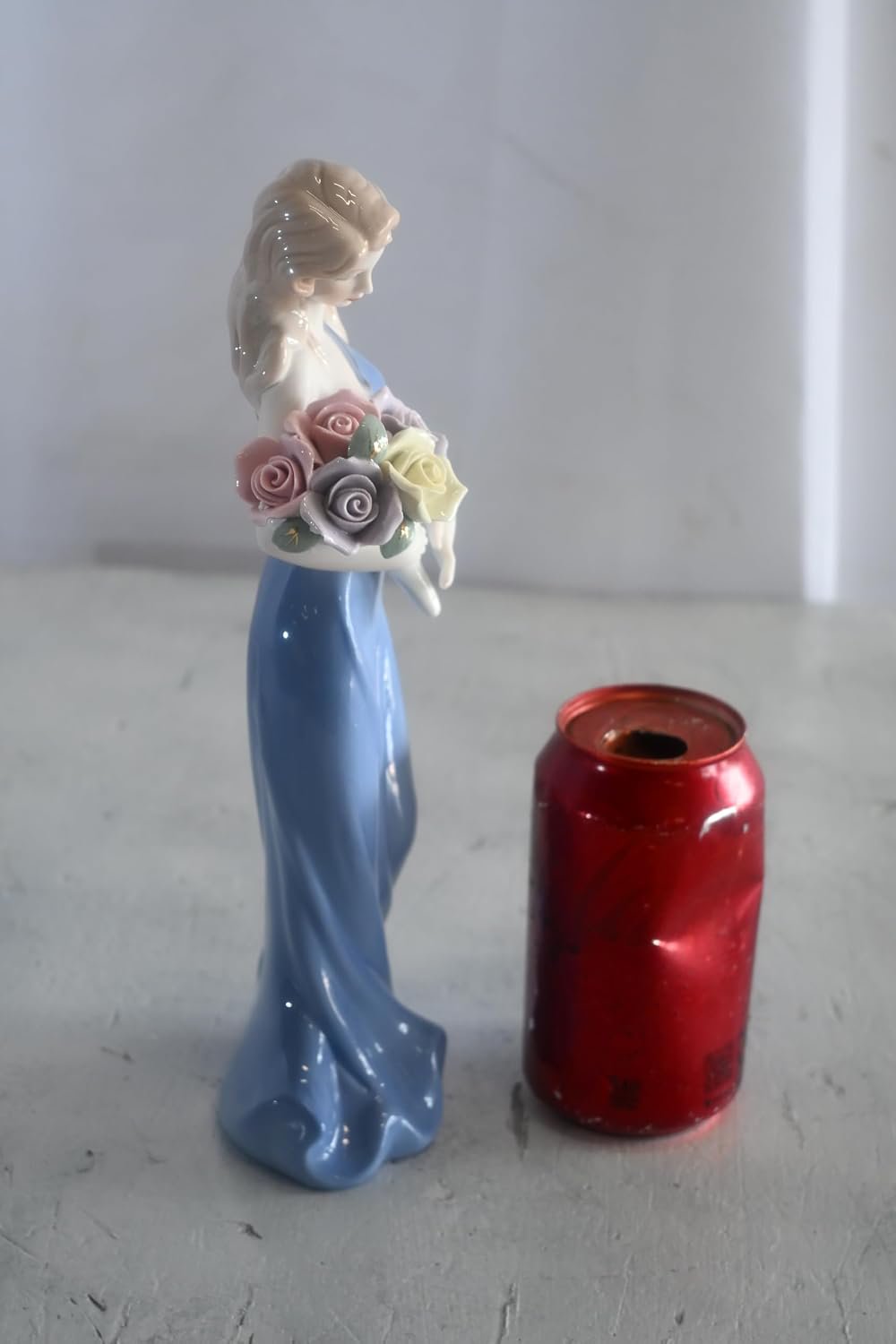 Porcelain Lady Blue Sleeveless Gown Holding Rose Bouquet 4"x3"x11"H