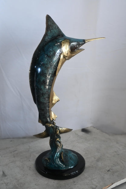 Blue Marlin Bronze Sculpture Leaping Ocean Wave 15"x6"x23"H