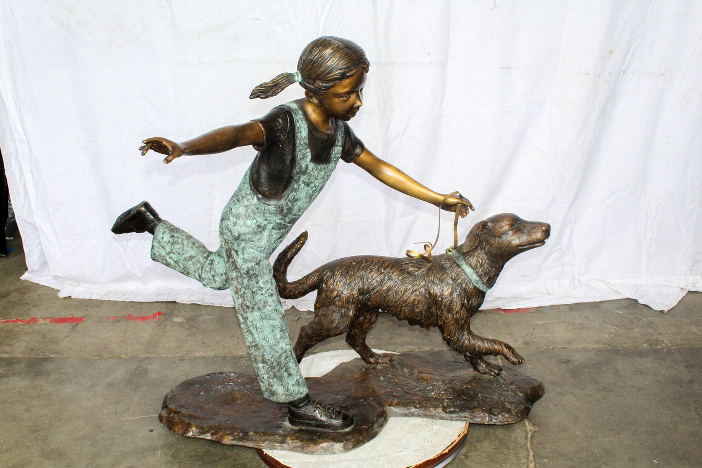 Young Girl and Her Dog Playing Bronze Statue 53" x 21" x 40"H