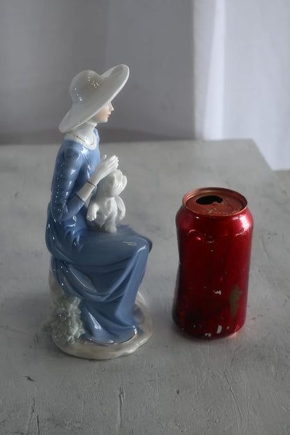 Porcelain Elegant Lady Blue Gown White Hat and White Cat 5"x4"x10"H