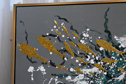 Melancholy Abstract Canvas Painting Gold Teal Framed Art 41"x61"