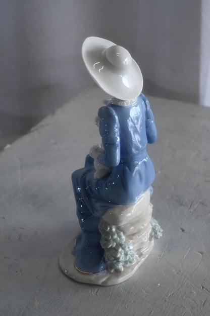 Porcelain Elegant Lady Blue Gown White Hat and White Cat 5"x4"x10"H