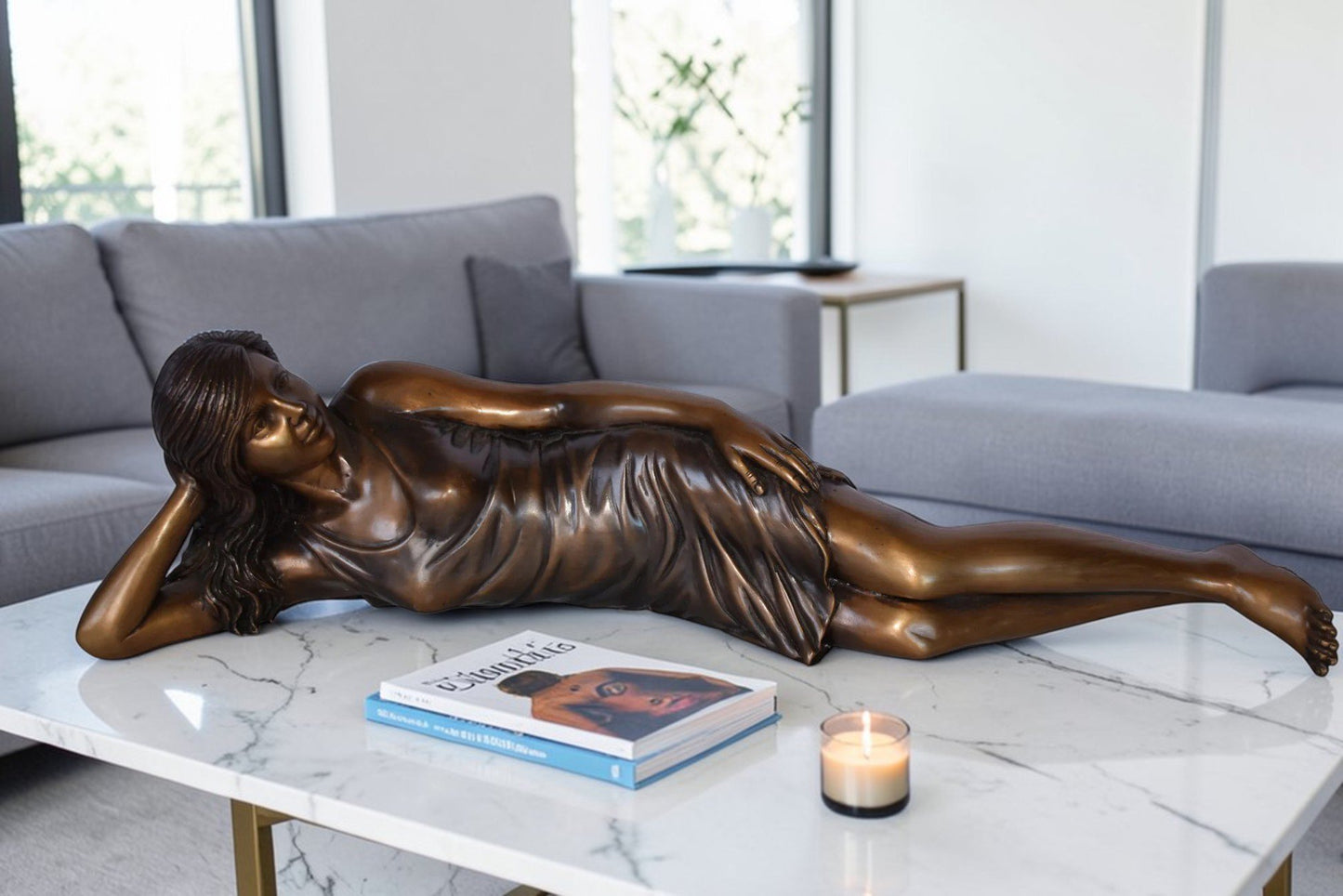 Gorgeous Young Lady Laying on The Ground Bronze Statue - Size: 5"L x 21"W x 5"H.