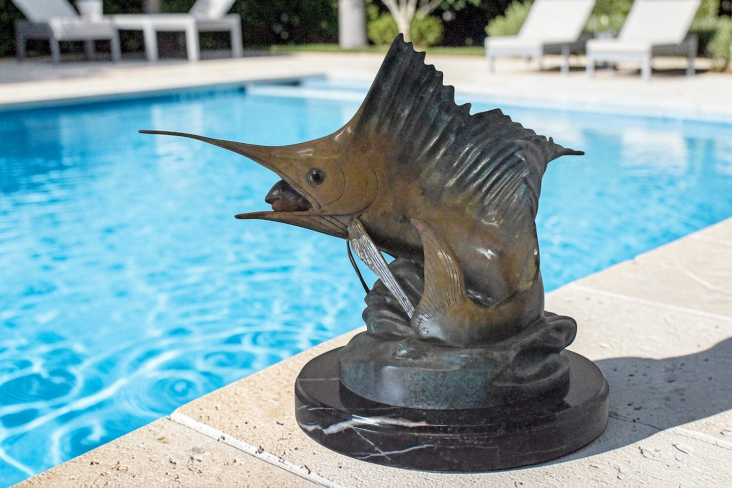Nifao Sailfish Catching Fish Bronze Statue on Marble Base – Lost Wax Cast Ocean Life Sculpture with Hand-Applied Patina, Marine Wildlife Decor,26" x 16" x 25"H.