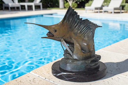 Nifao Sailfish Catching Fish Bronze Statue on Marble Base – Lost Wax Cast Ocean Life Sculpture with Hand-Applied Patina, Marine Wildlife Decor,26" x 16" x 25"H.