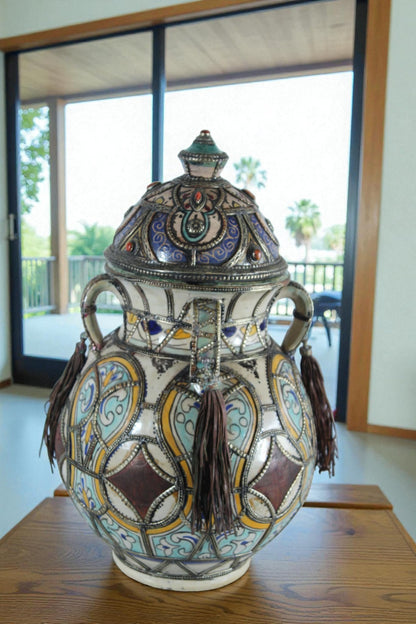 Handcrafted Ceramic Lidded Jar with Tassels and Metal Inlay 10" x 10" x 18"H
