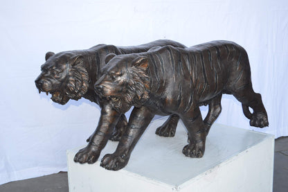 Pair Of Tigers Bronze Statues -  Size: 52"L x 10"W x 21"H.