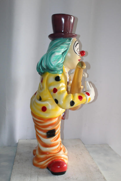 Whimsical Clown Fiberglass Statue, Jazzing Up with Saxophone 19" x 18" x 36"H