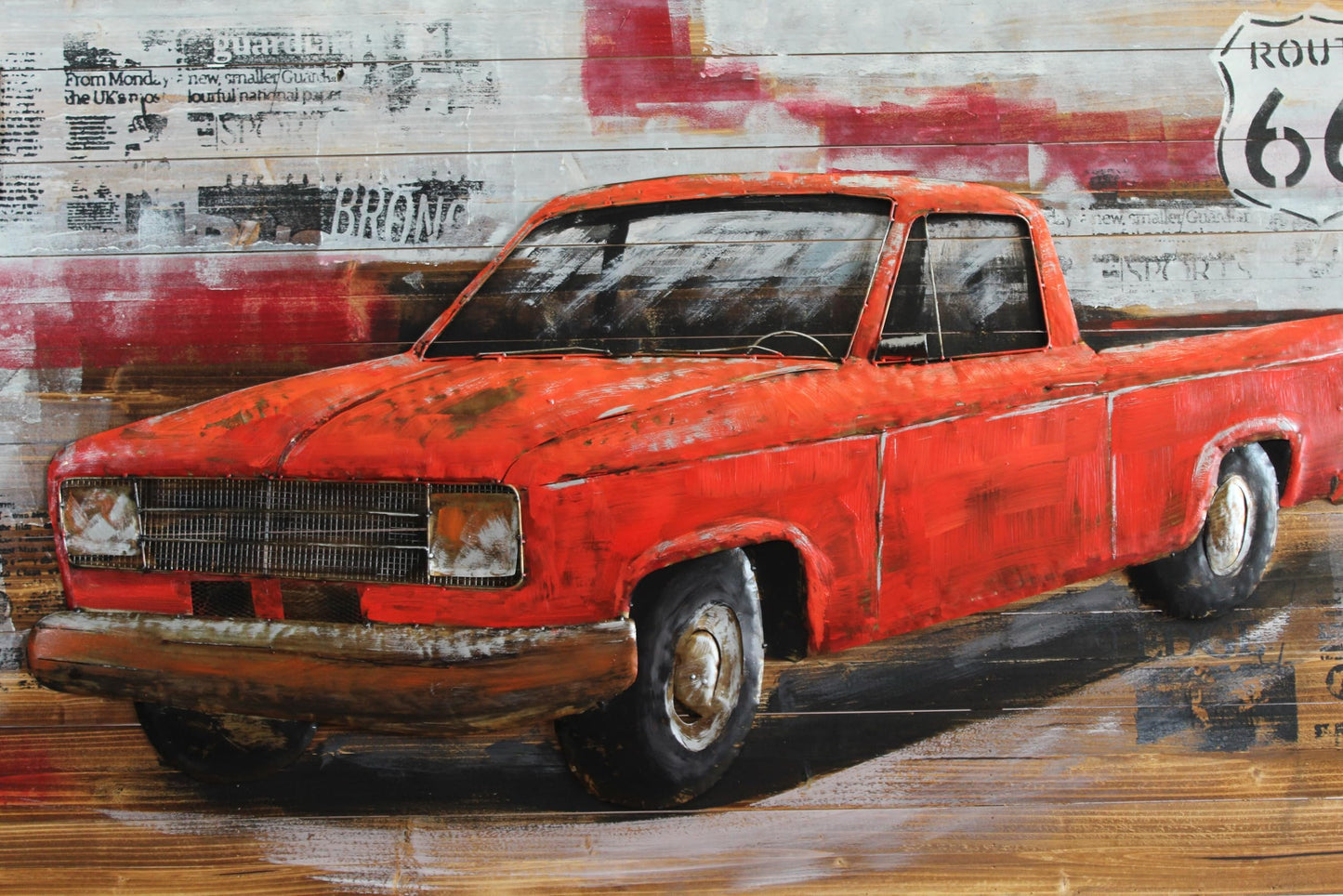 NIFAO Vintage Red Pickup Truck Painting on Wood with Raised Metal Accents 79" x 2" x 40"H