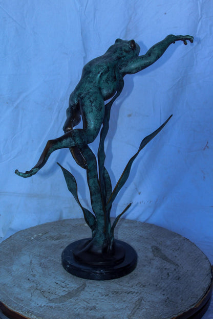 Frog Leaping Over Grass Bronze Statue 23" x 11" x 24"H