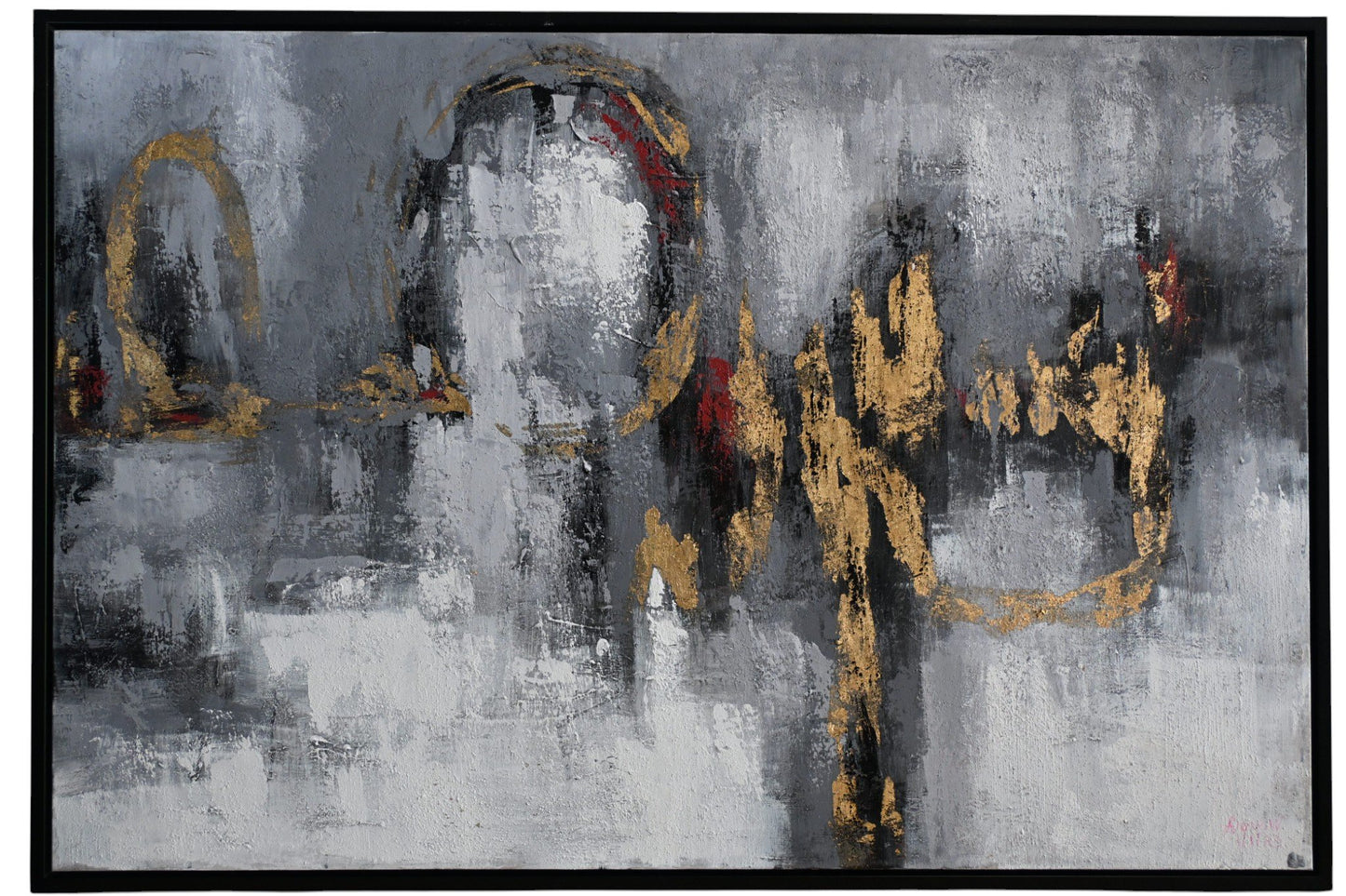 Ferris Wheel Abstract Canvas Painting Gray Gold Framed Art 41"x61"