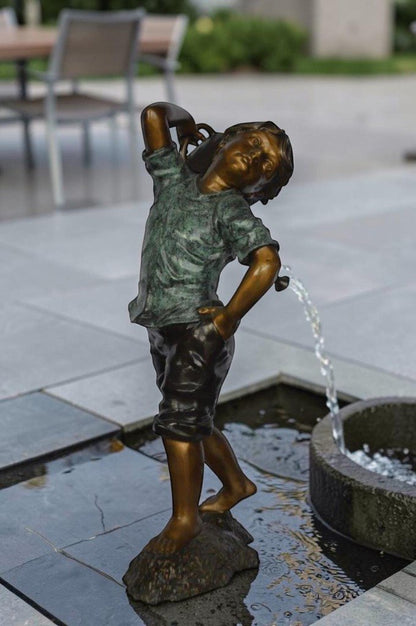 Young Boy Holding a Watering Can Bronze Fountain -  Size: 25"L x 17"W x 41"H.
