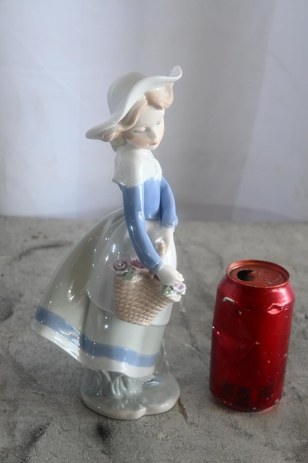 Porcelain Girl Carrying Flower Basket Blue Jacket Statue 6"x5"x12"H