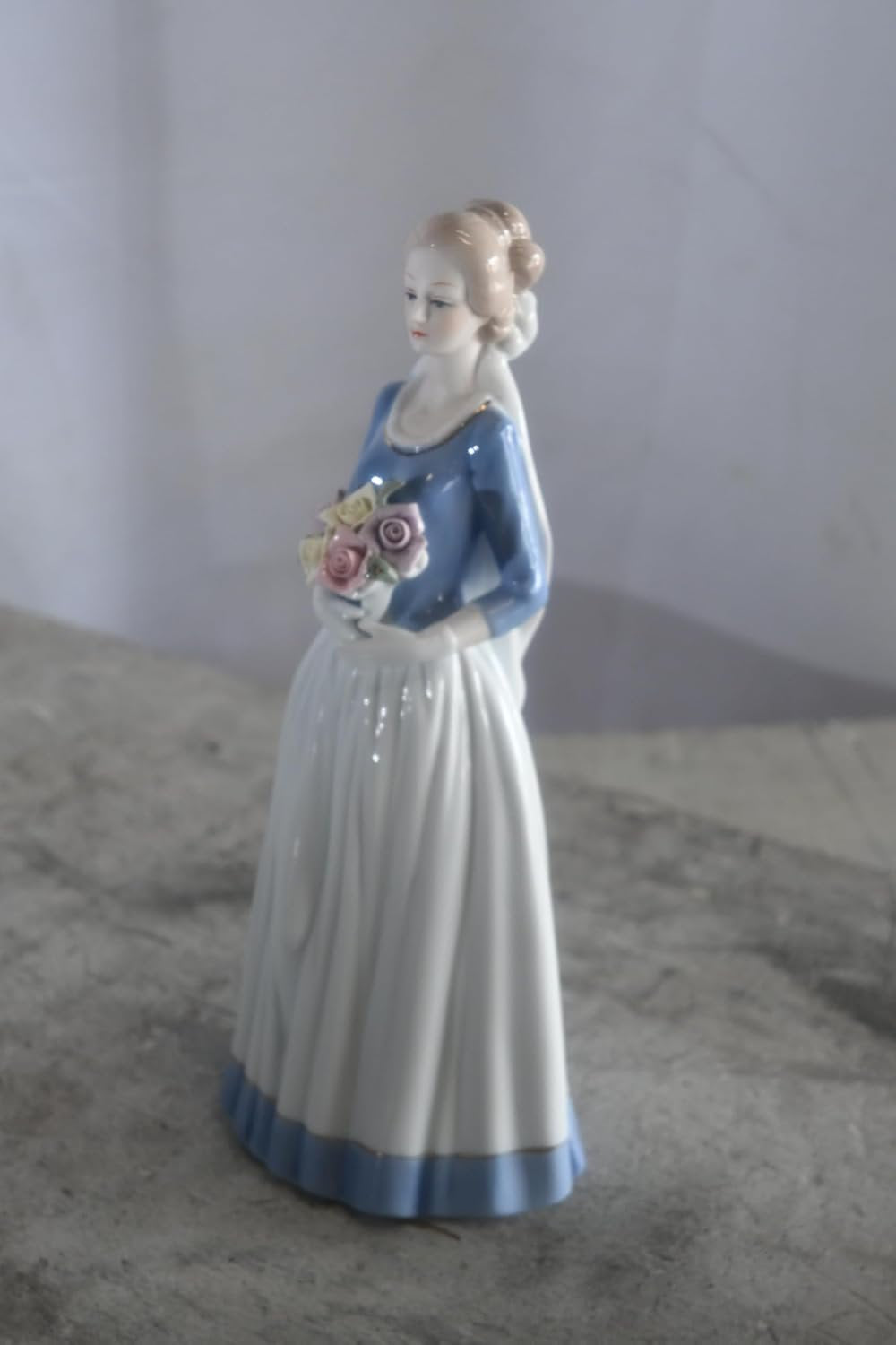 Porcelain Lady Blue Bodice White Skirt with Rose Bouquet 5"x4"x12"H