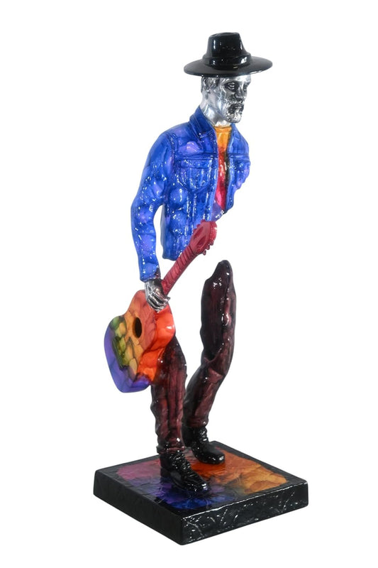 Traveler Musician Holding Guitar Case Aluminum Sculpture 9"x8"x34"H