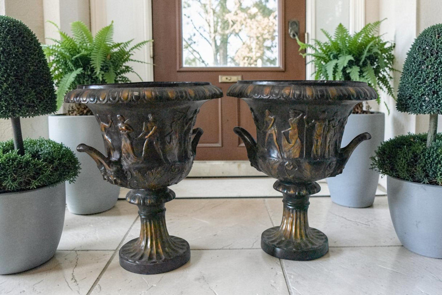 Pair of Beautiful Urns Bronze Statues - Size: 24"L x 24"W x 29"H.