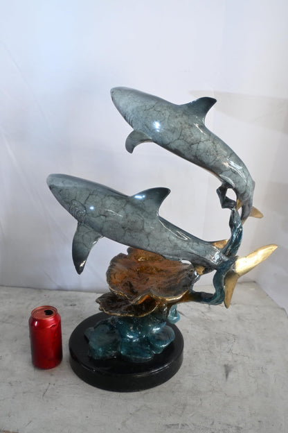 Two Sharks Bronze Sculpture Coral Reef Base 19"x11"x23"H