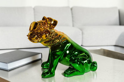 Ombre Green Chrome Bulldog Resin Statue - Pop Art Home Decor, 16"L x 9"W x 13"H
