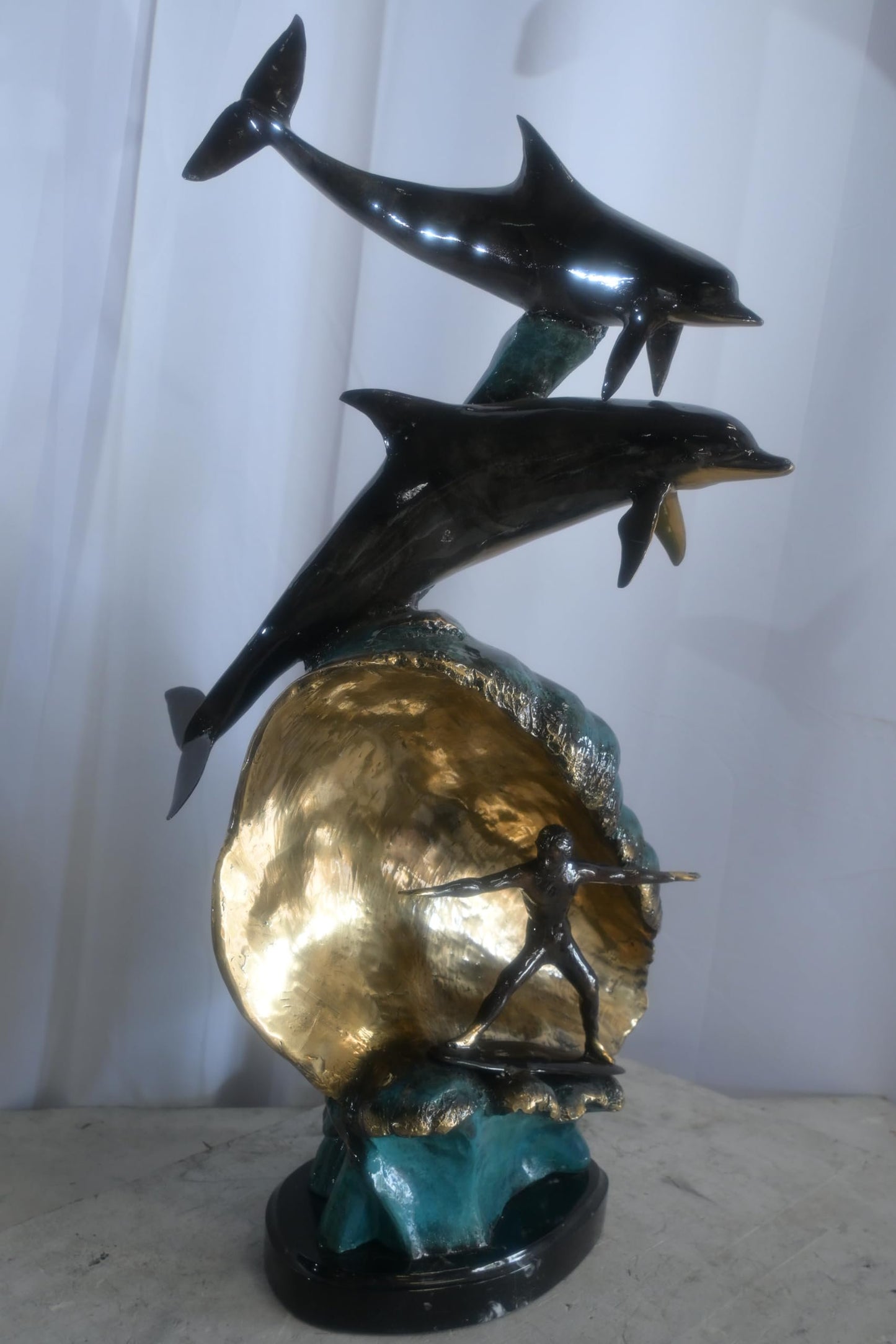 Bronze Dolphins and Surfer Sculpture on Wave Marble Base 16"x11"x33"H