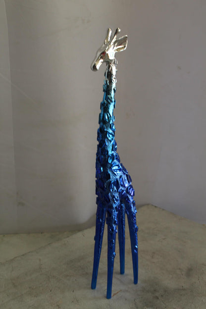 NIFAO Resin Blue Giraffe Sculpture with Chrome Head 30 Inches 4"x6"x30"H